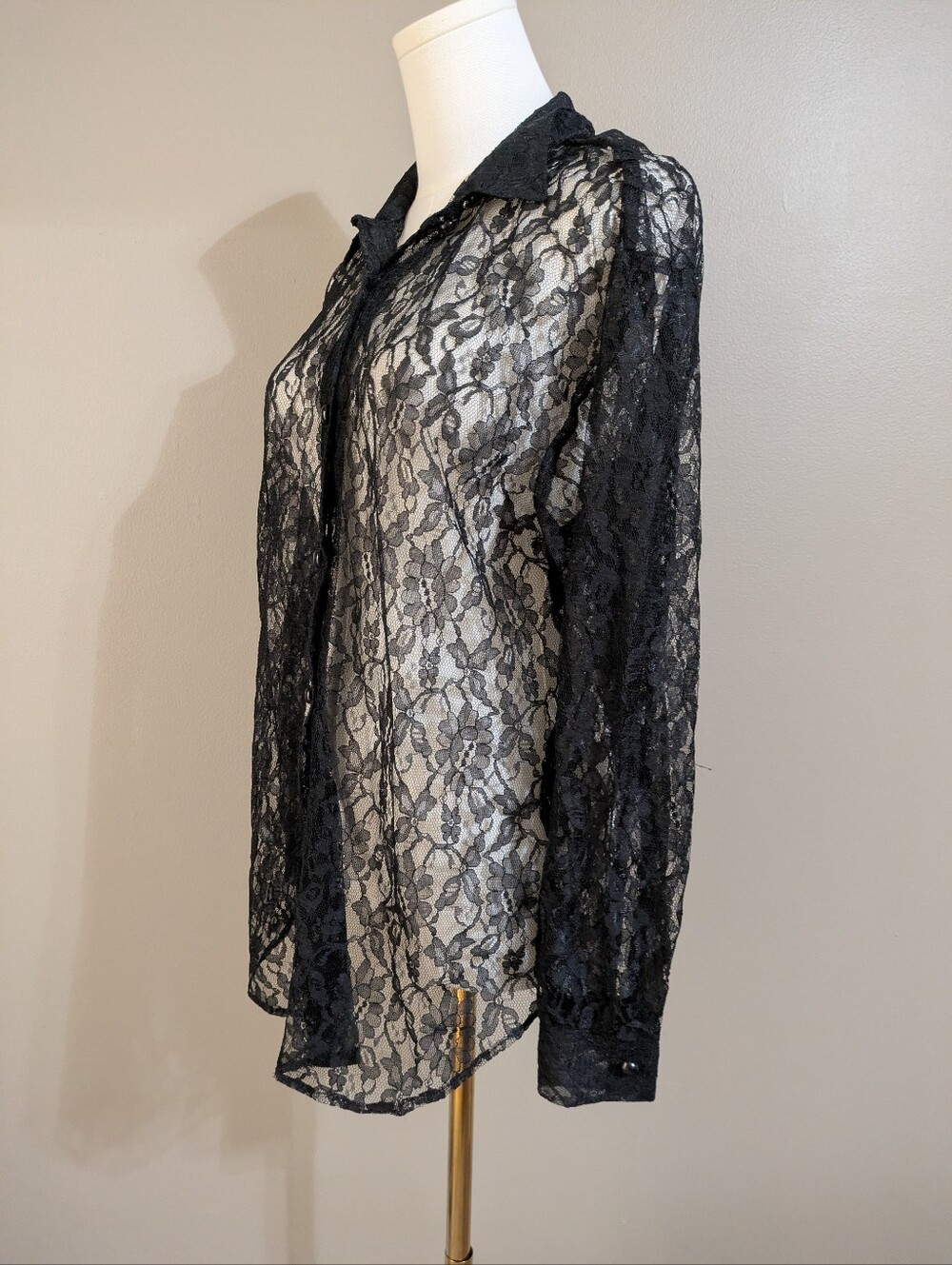 Marnie West Black Floral Lace Sheer Button-Down Collared Long Sleeve Blouse - Picture 3 of 7